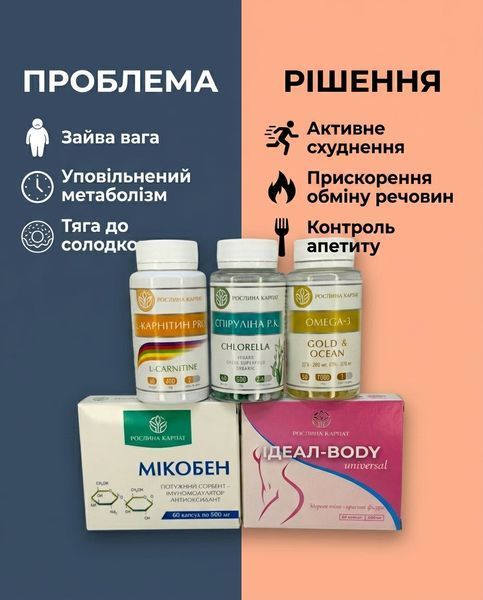 Программа похудения 2 курс &ndash; Идеал, Микобен, Карнитин, Спирулина, Омега-3 Рослина Карпат 485492 фото