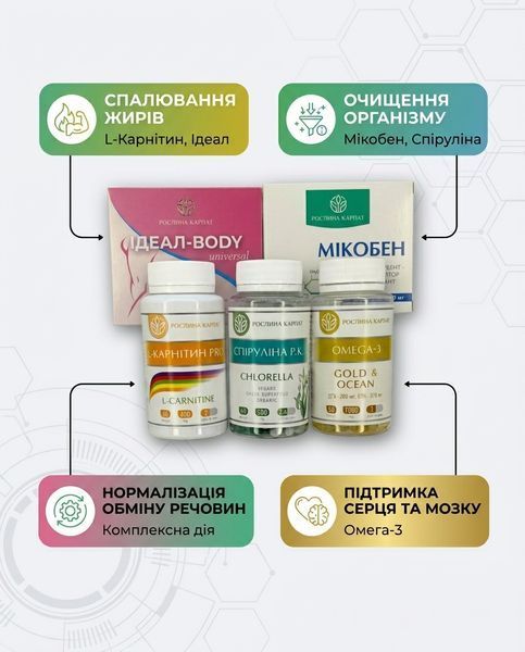 Программа похудения 2 курс &ndash; Идеал, Микобен, Карнитин, Спирулина, Омега-3 Рослина Карпат 485492 фото