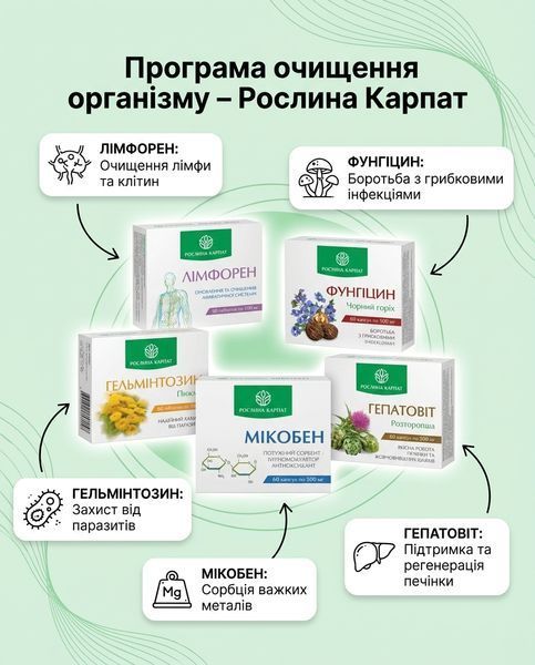 Програма очищення організму &ndash; Фунгіцин, Гельмінтозин, Лімфорен, Мікобен, Гепатовіт Рослина Карпат 484724 фото