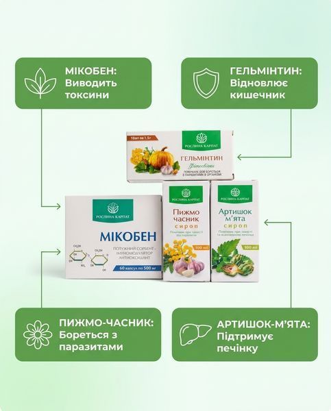 Комплексна антипаразитарна програма для дітей &ndash; Мікобен, Сироп Пижмо 2уп., Гельмінтин, Сироп Артишок 2уп. Рослина Карпат 484774 фото