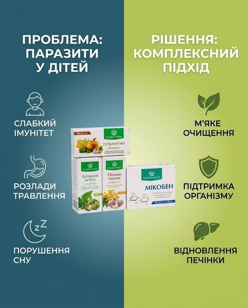 Комплексна антипаразитарна програма для дітей &ndash; Мікобен, Сироп Пижмо 2уп., Гельмінтин, Сироп Артишок 2уп. Рослина Карпат 484774 фото