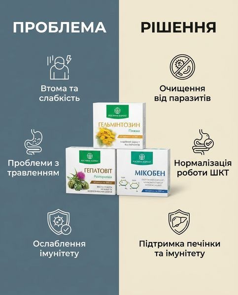 Комплексна антипаразитарна програма для підлітків &ndash; Мікобен, Гельмінтозин, Гепатовіт Рослина Карпат 484773 фото