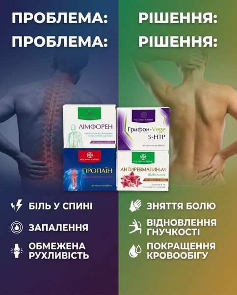 Програма відновлення при грижах і протрузіях - Пропаїн 2уп., Лімфорен 2уп., Антиревматин 3уп., Грифон 1уп. Рослина Карпат 546634 фото