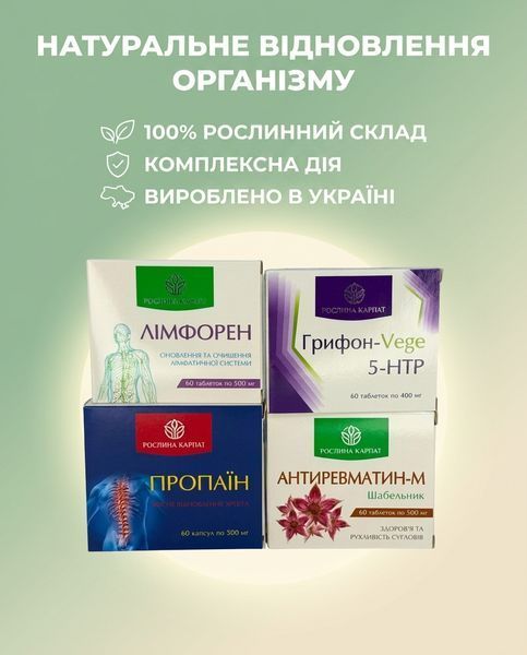 Програма відновлення при грижах і протрузіях - Пропаїн 2уп., Лімфорен 2уп., Антиревматин 3уп., Грифон 1уп. Рослина Карпат 546634 фото