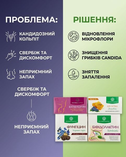 Програма для жіночого здоров&rsquo;я та мікрофлори - Вагіфлорин 1уп., Апі-вітин 1уп., Біфідолактин 2уп., Фунгіцин 2уп. Рослина Карпат 546635 фото