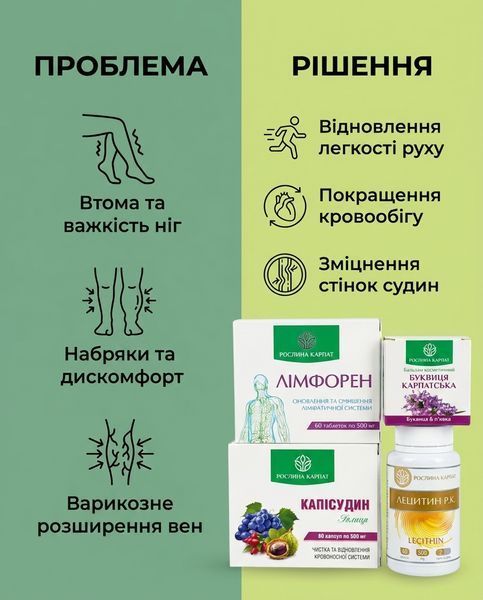 Програма для здоров&rsquo;я вен - Буквиця, Лімфорен, Капісудин, Лецитин 2уп. Рослина Карпат 546640 фото