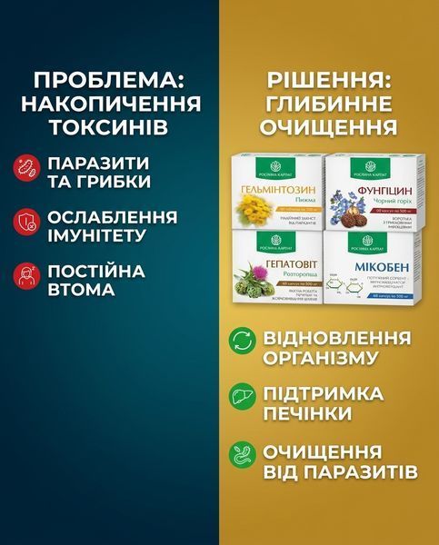 Комплексна програма очищення організму &ndash; Фунгіцин, Гепатовіт, Гельмінтозин, Мікобен Рослина Карпат 484755 фото