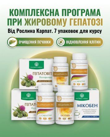 Комплексна програма при жировому гепатозі &ndash; Гепатовіт 2уп., Лецитин 2уп., Мікобен, Карнітин 2уп. Рослина Карпат 484738 фото