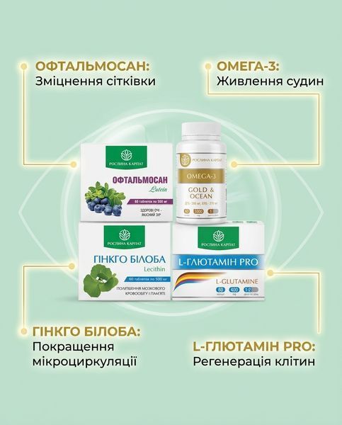 Програма для підтримки та зміцнення зору - Офтальмосан, Омега3, Гінкго Білоба, L-Глютамін 2уп. Рослина Карпат 546643 фото