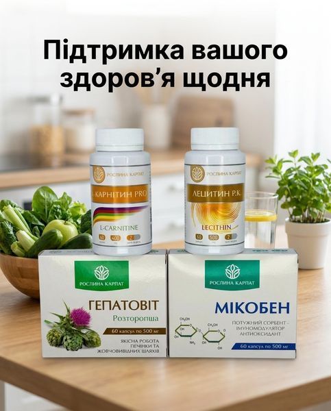 Комплексна програма при жировому гепатозі &ndash; Гепатовіт 2уп., Лецитин 2уп., Мікобен, Карнітин 2уп. Рослина Карпат 484738 фото