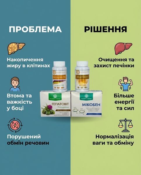 Комплексна програма при жировому гепатозі &ndash; Гепатовіт 2уп., Лецитин 2уп., Мікобен, Карнітин 2уп. Рослина Карпат 484738 фото