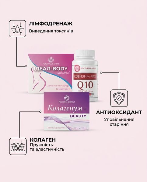 Програма комплексної боротьби з целюлітом - Ідеал-body 2уп., Колагенум 2уп., Коензим 1 уп. Рослина Карпат 546638 фото