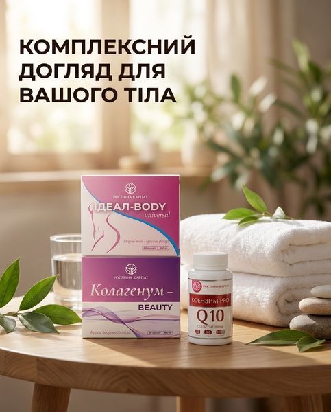 Програма комплексної боротьби з целюлітом - Ідеал-body 2уп., Колагенум 2уп., Коензим 1 уп. Рослина Карпат 546638 фото