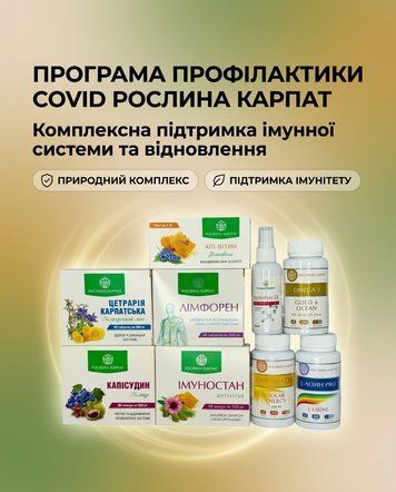 Програма профілактики COVID - Імуностан 2уп., Капісудин, D3, Лімфорен, Апі-Вітин, Аргентум, Цетрарія 2уп., Omega, Лізин 2уп. Рослина Карпат 546644 фото