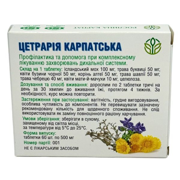 Цетрария карпатская 60 таб. &ndash; природное средство для дыхания Рослина Карпат 484815 фото