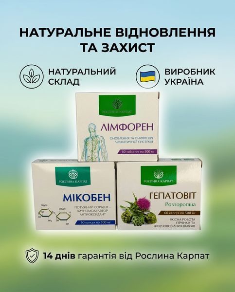 Програма для оздоровлення печінки та жовчовивідних шляхів - Гепатовіт, Мікобен, Лімфорен Рослина Карпат 485491 фото