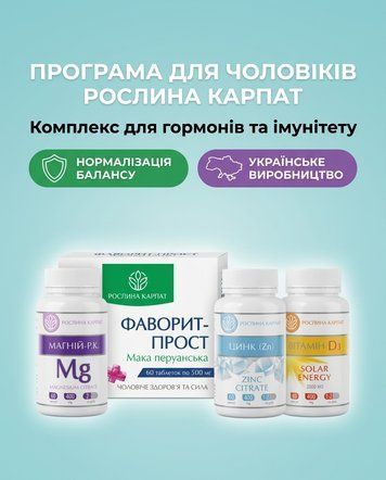 Програма для чоловіків - Фаворит, Цинк, Магній Р.К., Вітамін Д3 Рослина Карпат 485497 фото