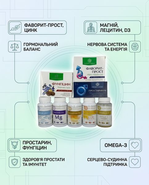Програма для чоловіків - Фаворит, Цинк, Магній, Простарин, Лецитин, Омега-3, Вітамін Д3, Фунгіцин Рослина Карпат 485499 фото