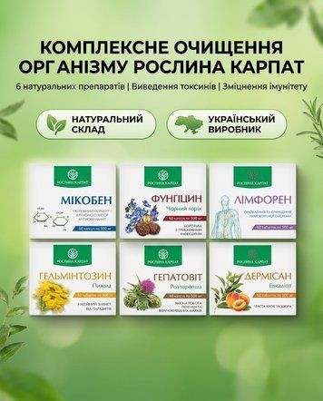 Програма комплексного очищення організму - Мікобен, Фунгіцин, Лімфорен, Гельмінтозин, Гепатовіт, Дермісан Рослина Карпат 485500 фото