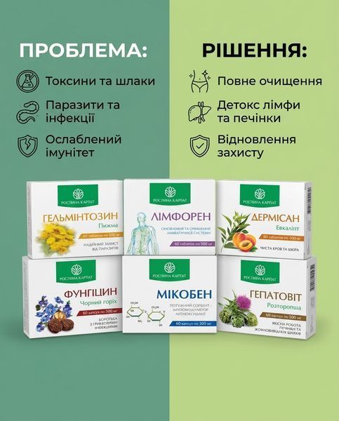 Програма комплексного очищення організму - Мікобен, Фунгіцин, Лімфорен, Гельмінтозин, Гепатовіт, Дермісан Рослина Карпат 485500 фото