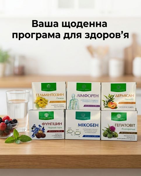 Програма комплексного очищення організму - Мікобен, Фунгіцин, Лімфорен, Гельмінтозин, Гепатовіт, Дермісан Рослина Карпат 485500 фото