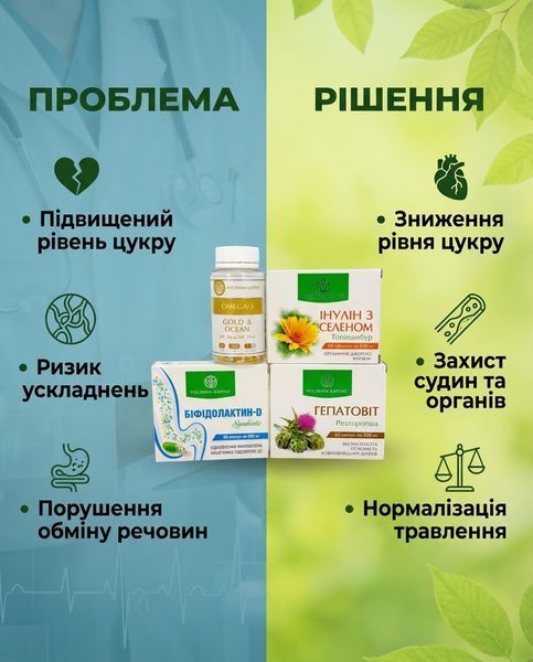 Програма при цукровому діабеті - Інулін з селен, Біфідолактин, Гепатовіт, Омега-3 Рослина Карпат 485493 фото